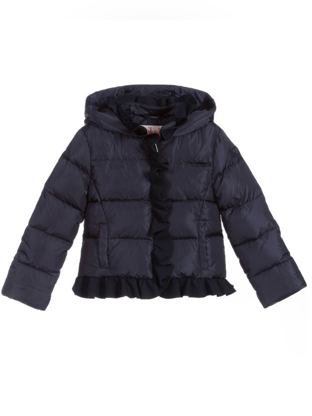 Il Gufo Girls Down Hooded Puffer Jacket  With Ruffle Trim, Navy, 8Y